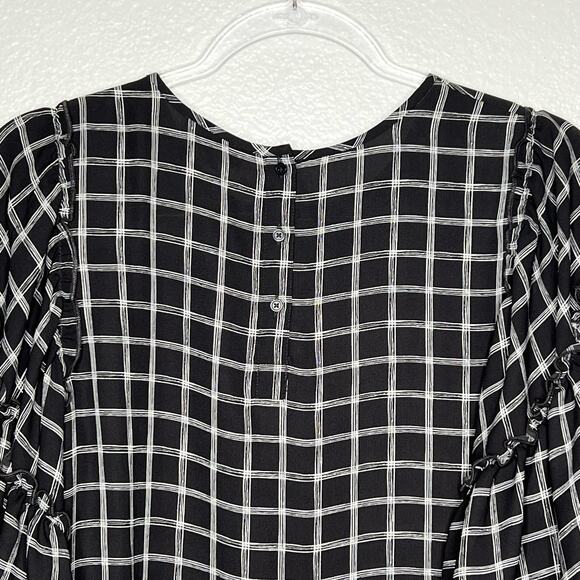 LOFT Ruffle Sleeve Blouse Button Back Windowpane Plaid Black White Size Medium - Picture 9 of 9